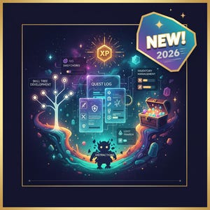 May include: Digital illustration with a fantasy theme. Features a quest log, treasure chest, and a stylized tree representing skill development. The image includes the text "NEW! 2026" and "DISTRACTIONS". The color palette includes blues, purples, and gold.