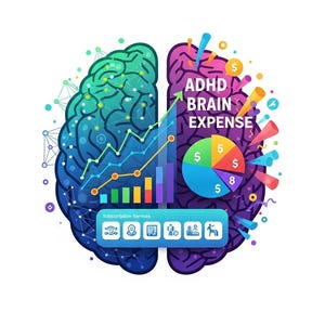 May include: An illustration of a brain split into two halves, one green and blue, the other purple. The right side has the text "ADHD BRAIN EXPENSE" and a pie chart. A bar graph and line graph are also present, along with the words "Subscription Services".