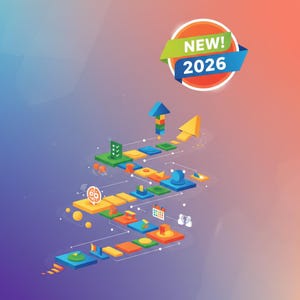May include: An abstract illustration with a gradient background of purple, blue, and orange. The image features a path of colourful blocks with arrows, icons, and the text "NEW! 2026" in a circular badge.