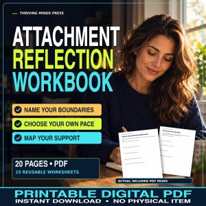 May include: The Attachment Reflection Workbook is a printable digital PDF featuring 20 pages and 15 reusable worksheets. The cover text includes Name Your Boundaries, Choose Your Own Pace, and Map Your Support. It is an instant download item.