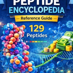 May include: A book cover for the "Peptide Encyclopedia 2026 Edition" with a blue background. The title is in large white letters. It features a colorful molecular structure, stacks of coins, and money. The book is a reference guide with 129 peptides.