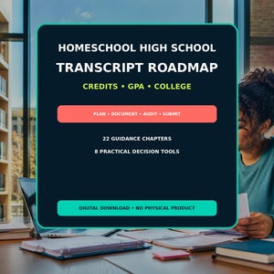 May include: A dark rectangular digital graphic titled HOMESCHOOL HIGH SCHOOL TRANSCRIPT ROADMAP. It lists CREDITS, GPA, COLLEGE, 22 GUIDANCE CHAPTERS, 8 PRACTICAL DECISION TOOLS, and the text PLAN, DOCUMENT, AUDIT, SUBMIT, plus DIGITAL DOWNLOAD - NO PHYSICAL PRODUCT.