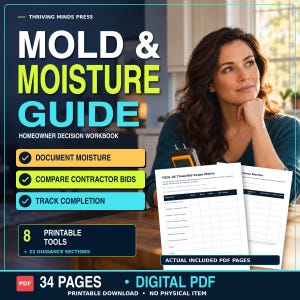 Könnte beinhalten: Ein digitales PDF-Arbeitsbuch mit dem Titel Mold & Moisture Guide: Homeowner Decision Workbook. Das Cover enthält Text, drei Punkte zur Feuchtigkeitsdokumentation, Angebotsvergleiche und Fortschrittsverfolgung sowie 8 Tools und 34 Seiten.
