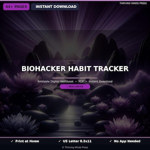 May include: Digital workbook titled "Biohacker Habit Tracker" with a serene, purple-toned landscape background. The cover includes the text "Printable Digital Workbook" and "Instant Download." The design features lotus flowers and mountains, promoting wellness.