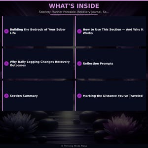 May include: A digital planner page with the title "WHAT'S INSIDE" and sections including "Building the Bedrock of Your Sober Life" and "How to Use This Section - And Why It Works." The background features a water scene with lotus flowers.