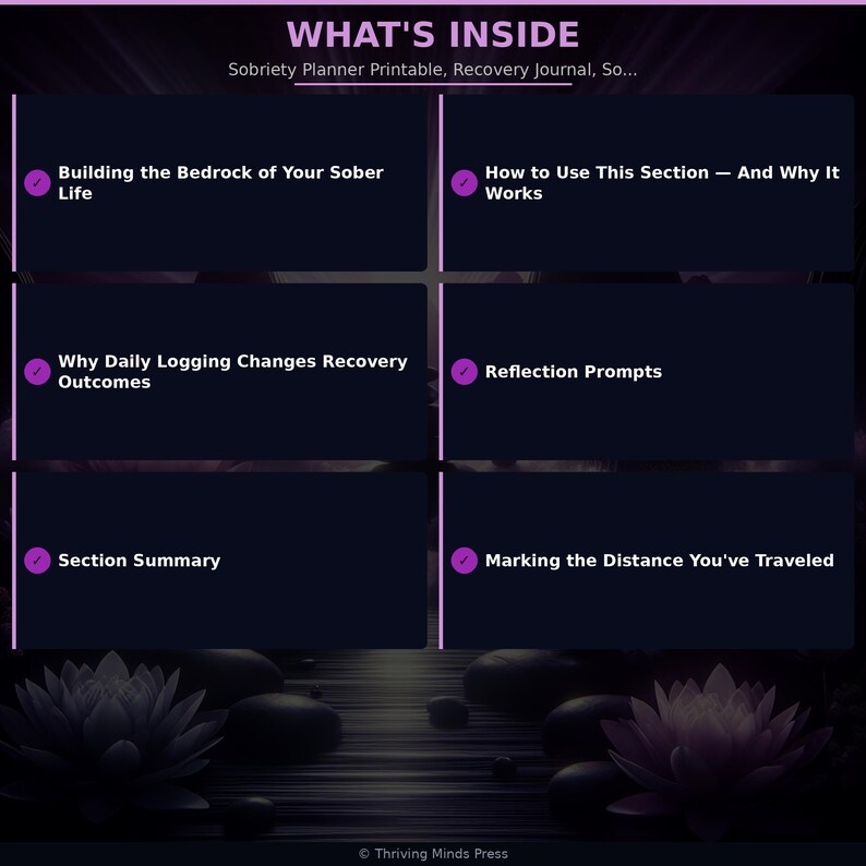 May include: A digital planner page with the title "WHAT'S INSIDE" and sections including "Building the Bedrock of Your Sober Life" and "How to Use This Section - And Why It Works." The background features a water scene with lotus flowers.