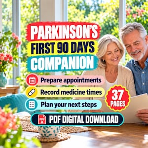 パーキンソン病患者のための最初の90日間プランナー（PDF）、診察付き添い、介護パートナー用ワークシート、37ページ、米国レターサイズ印刷可能