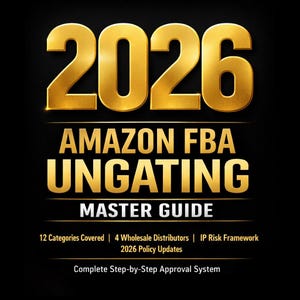 Può includere: Una copertina di libro con il titolo "2026 AMAZON FBA UNGATING MASTER GUIDE" in lettere dorate su sfondo nero. La copertina include anche il testo "12 Categorie Coperte | 4 Distributori all'Ingrosso | Struttura di Rischio IP Aggiornamenti delle Politiche 2026 Sistema di Approvazione Passo-Passo."