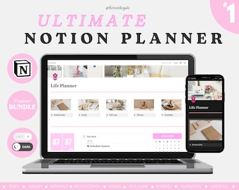 May include: A laptop and a smartphone displaying a website with the text "Life Planner" and a Notion logo. The website has a dark mode and light mode option. The website also has a calendar, a schedule system, and sections for productivity, goals, self-care, fitness, nutrition, and lifestyle.