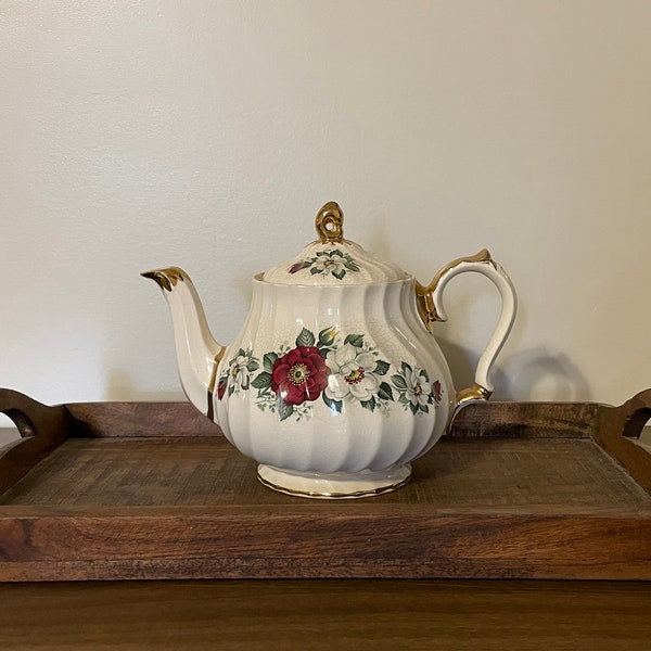 Vintage James Sadler Ivory Porcelain Teapot made in England Red and White with Gold Trim