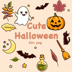 Könnte beinhalten: Ein digitales Illustrationsset mit einem weißen Geist, einem orangefarbenen Kürbis, einer schwarzen Katze, einem Besen, Fledermäusen, Mond, Sternen und Herbstblättern. Der Text lautet Cute Halloween 20+ png in brauner Schrift auf pfirsichfarbenem Grund.