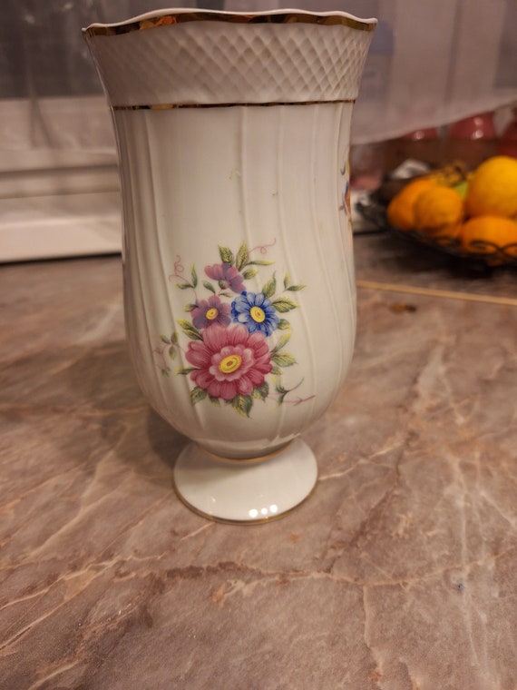 Vintage Hungarian Hollóháza Porcelain Vase With Golden Linen and  