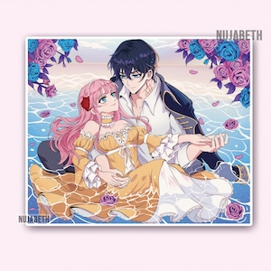 May include: An anime-style illustration featuring a person with long pink hair in a yellow dress and a person with dark blue hair in a white shirt and dark jacket. They are positioned together amidst blue water, floating rose petals, and blue and pink roses.