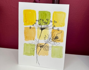 Hand painted watercolour greeting card - green and yellow