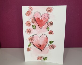 Hand painted watercolour greeting card - red hearts and roses