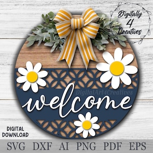 Cartello di benvenuto Boho con fiore di margherita / Modello SVG file tagliato al laser File Cricut / Appendino per porta per le feste / Download digitale di decorazioni per la casa Glowforge