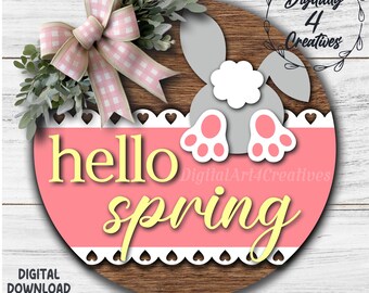 Hello Spring Easter Bunny Sign | Laser Cut File | SVG Template | DXF File | Farmhouse Door Hanger |  Home Decor Digital Download