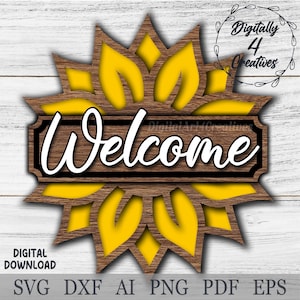 May include: A wooden welcome sign featuring a yellow sunflower design. The sign has a brown woodgrain finish and the word "Welcome" is written in white cursive lettering.