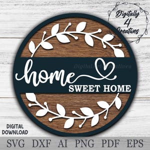 Placa de boas-vindas com guirlanda de folhas Boho Home Sweet Home, arquivo recortado a laser, modelo SVG DXF, cabide de porta de fazenda, decoração para casa Glowforge, download digital
