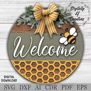Boho Bee Welcome Sign | Laser Cut File | SVG Template | DXF File | Door Hanger | Glowforge Home Decor Craft Project | Digital Download