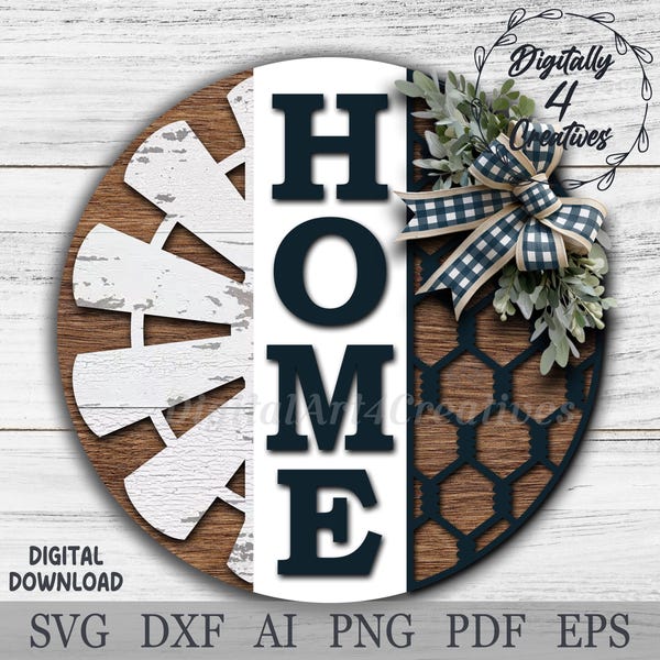 Home Farm House Welcome Sign with Windmill & Wire Mesh | Laser Cut File SVG Template | Door Hanger |  Home Decor | Digital Download