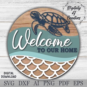 Letrero de bienvenida de playa con tortuga / Plantilla SVG cortada a láser / Archivo DXF / Colgador de puerta navideño / Decoración del hogar Glowforge Descarga digital