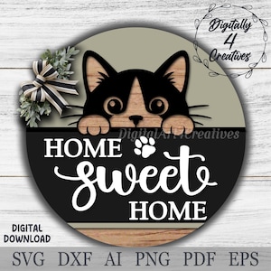 Home Sweet Home Welcome Sign with Peeking Cat Design | Laser Cut File SVG DXF Template | Door Hanger | Home Decor | Digital Download