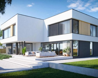 Modern contemporary style house plan with min. width and length. of the plot: 28.05 x 27.35 m