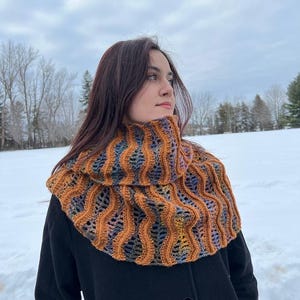 Pu&ograve; includere: Una donna indossa una sciarpa a collo a lupetto di colore marrone e blu in un paesaggio innevato.