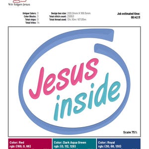 Op de afbeelding: Een digitaal borduurontwerp met de woorden "Jesus inside" in een cirkel. De woorden zijn in een roze en blauwe lettertype, met een blauwe omtrek. Het ontwerp is 20 cm bij 19 cm.