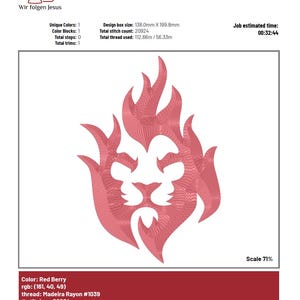 May include: A red berry colored embroidery design featuring a lion's face within flames. The design measures 20 cm x 14 cm. The text "Flamme - Löwengesicht" is at the top. The image also includes the text "Wir folgen Jesus".