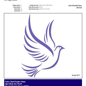 Puede incluir: Un diseño de bordado digital de una paloma morada con las alas extendidas, para un proyecto de 15 x 10 cm. El diseño incluye 6434 puntadas y utiliza 28,34 metros de hilo.
