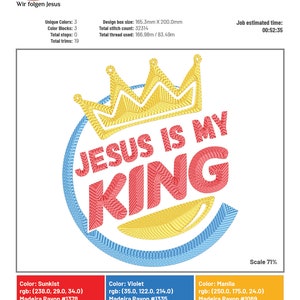 Könnte beinhalten: Stickerei mit einer Krone und dem Text "JESUS IS MY KING" in einem Farbschema aus Rot, Gelb und Blau. Das Design ist etwa 20 cm x 17 cm groß.