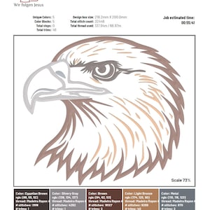 May include: An eagle head design, featuring shades of brown, gray, and bronze. The design is 22 cm x 20 cm. The text "Adlergesicht" is at the top. The image includes color details, stitch count, and thread usage.