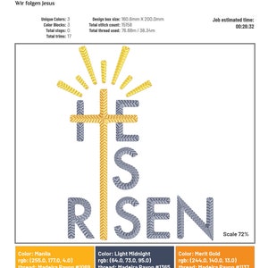 May include: A digital embroidery design featuring the words "He Is Risen" in a gold and gray color scheme. The design includes a cross and a sunburst, symbolizing the resurrection of Jesus Christ. The design is 20 cm by 16 cm.