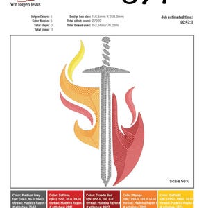 May include: A digital embroidery design featuring a sword with a flame design. The flame is red, orange, and yellow. The sword is gray. The design is 26 cm by 15 cm. The text "Schwert-Flamme-04" is at the top of the design.
