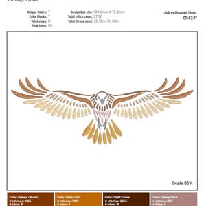 Könnte beinhalten: Eine gestickte Darstellung eines Habichts mit ausgebreiteten Flügeln in Braun- und Goldtönen. Das Design ist 20 cm x 8 cm groß und enthält den Text "Wir folgen Jesus".