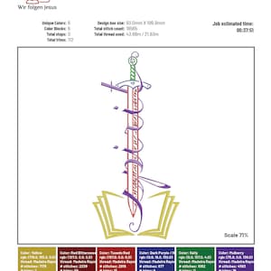 Könnte beinhalten: Ein rotes Schwert mit goldenem Griff durchstößt ein offenes Buch mit goldenen Seiten. Das Design ist schwarz umrandet und hat einen violetten und grünen Rand. Der Text "Buch-Schwert des Geistes-01|20 x 10 cm" befindet sich oben im Bild.