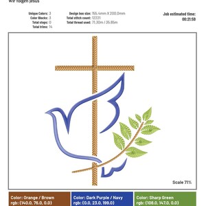 Dove with olive branch | Dove of peace & cross | Cross and peace | 7 sizes | 3 colors | Embroidery file