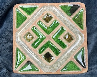 Hutsul / 8x8 tile / ukrainian ceramics / crackle handmade with recycling glass in outdoor, wall , fireplace , design decor art unique insert