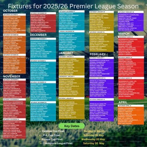 Cuadro de partidos de los equipos de la Premier League, temporada 2025/26, descarga digital, versión para imprimir en casa.