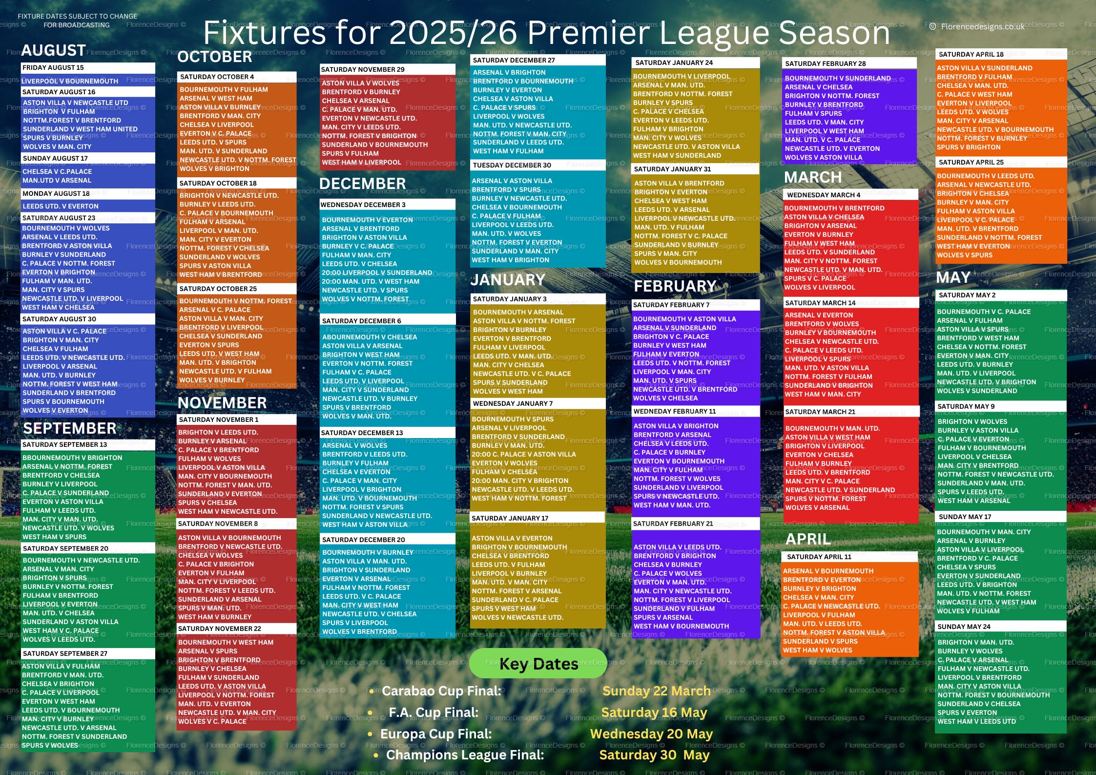 Fixture chart for Premier League teams, 2025/26 season, Digital download,  Print at home version.