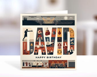 May include: A square greeting card featuring the name DAVID in large block letters filled with boxing-themed illustrations including boxers, gloves, a ring, punching bags, and robes. The text HAPPY BIRTHDAY appears below the name, with additional boxing scenes at the bottom of the card in a color palette of navy blue, red, and cream.
