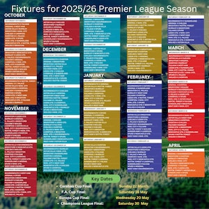 May include: A Premier League fixture list for the 2025/26 season, spanning August to May. The schedule is color-coded by month, with key dates for cup finals. The background features a blurred stadium image.