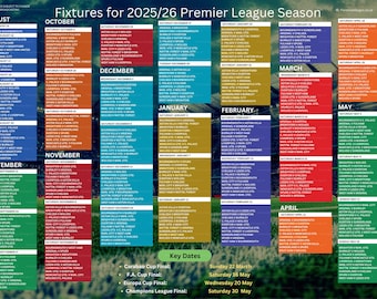 Fixtures wall chart, 2025/26 Premier League football season,  A1, A2 or A3 sized