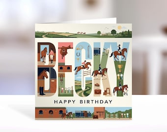 May include: A square greeting card with the name BECKY in large letters filled with equestrian illustrations including horses, riders, saddles, and trophies. The text HAPPY BIRTHDAY is printed below the name, with a stable scene at the bottom.