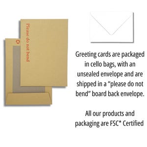 greeting cards packaged in cello bags, with an envelope and a board back envelope, along with text providing information about the packaging and the certification of the products.