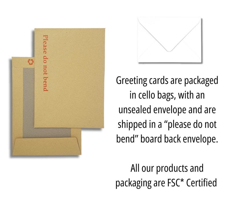 greeting cards packaged in cello bags, with an envelope and a board back envelope, along with text providing information about the packaging and the certification of the products.