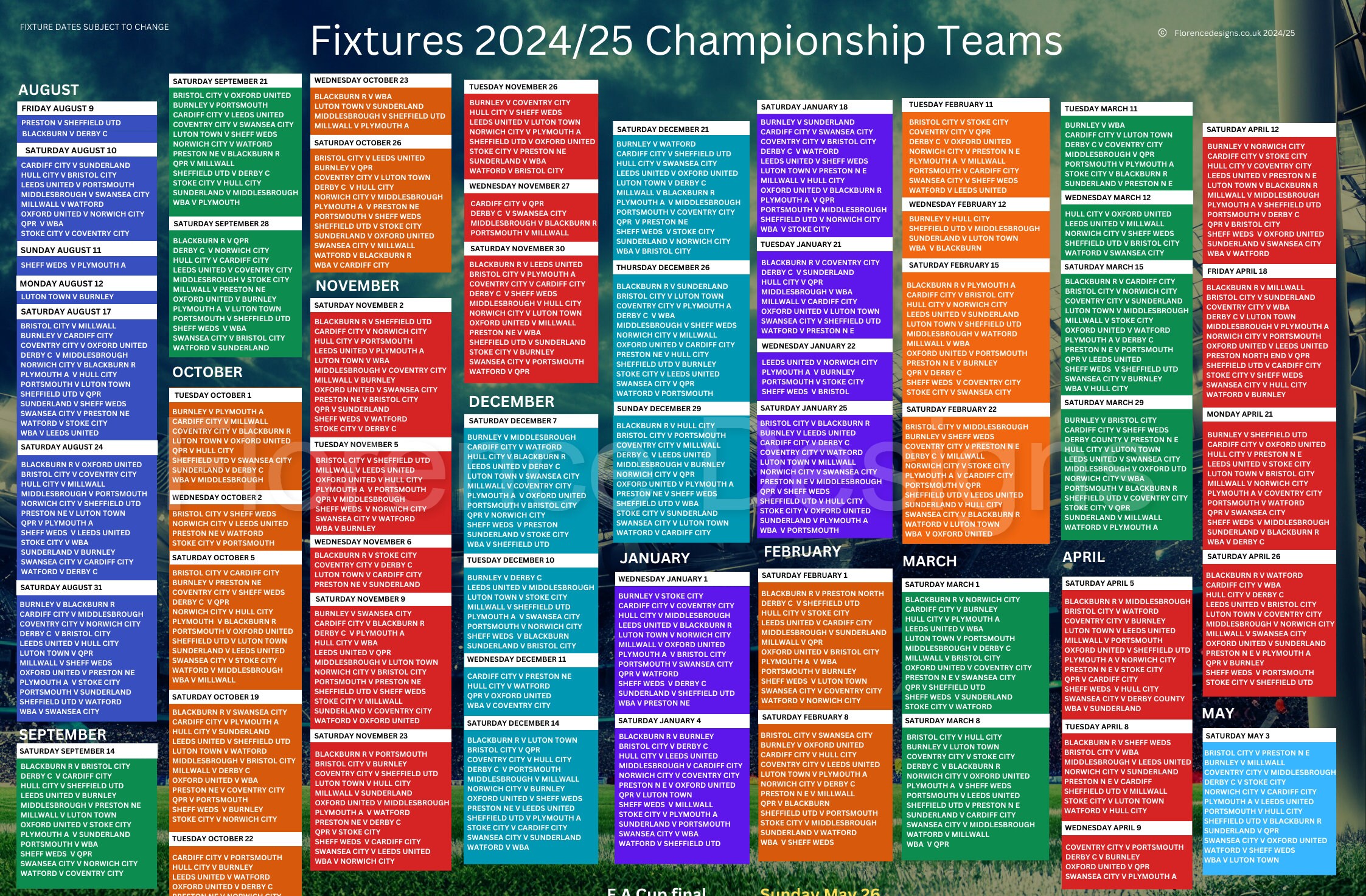 EFL Championship Fixtures Wall Chart, 2024/25, 2024/25 Season, Football Digital Download, Print