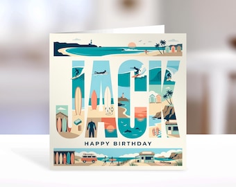Surfing Birthday Card | Typographic Sports, personalised | Fun Gift for HIm, Dad, surf Lover